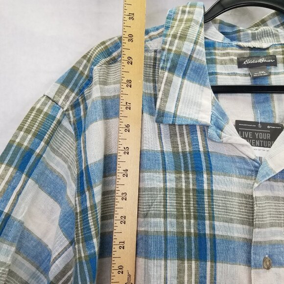 Eddie Bauer Camp Shirt Men's XXL Plaid Short Sleeve Button Up Blue Linen Cotton - Picture 16 of 16